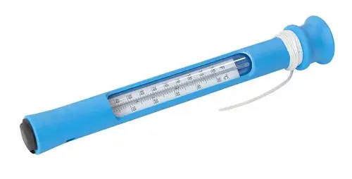 Badethermometer in blau mit transparenter Anzeige für Wassertemperatur in Celsius und Fahrenheit. Selbstschwimmend, produziert von Grünbeck.